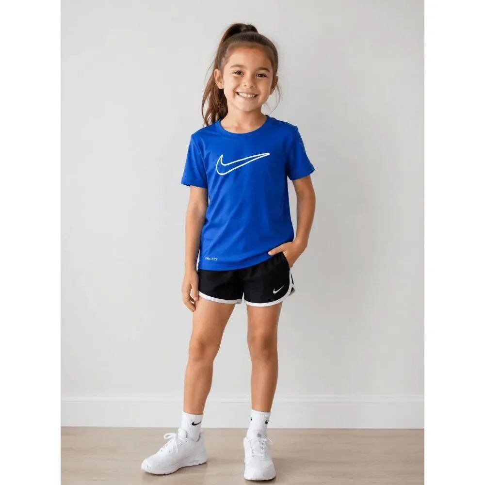 Nike Girls Blue Dri-FIT T-Shirt Size 6-7 kids Athletic Performance Swoosh Tee